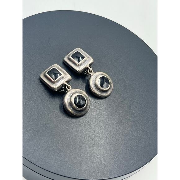 MEXICO Stamped Sterling Vintage 925 Silver Dangle Inlay Black Onyx Clip
Earrings - Picture 8 of 10